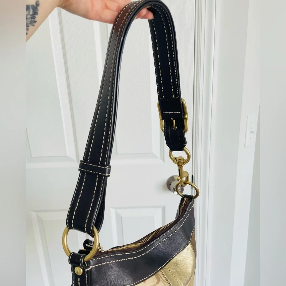 Coach Vintage Hobo Y2K Shoulder Bag Gold Brown‎ Patchwork Suede Leather Purse